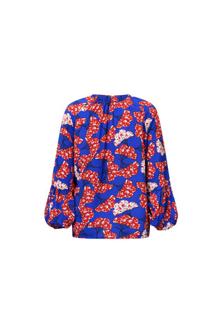 Lulu Shirt Top with Ruffle Neck and Long Sleeves - Blue Red Rolls Royce Print | ILC OA OG