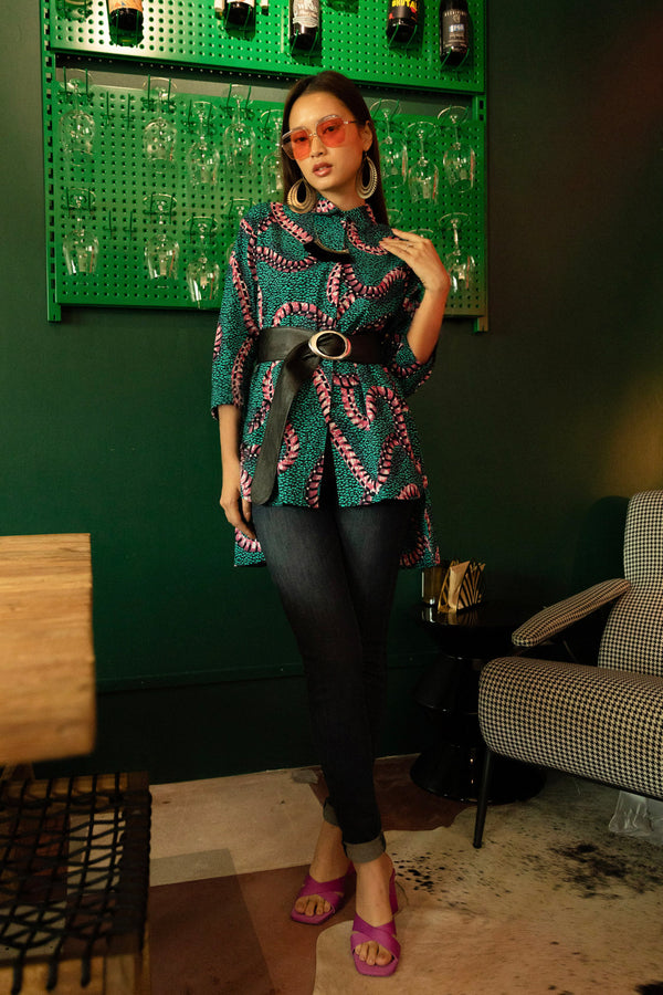 Makini Oversized Shirt - Turquoise and Pink African Ankara Wax Cotton Print