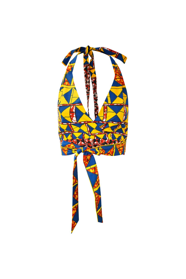 Melesse Triangle Halter Top - Yellow Blue African Ankara Wax Cotton Print