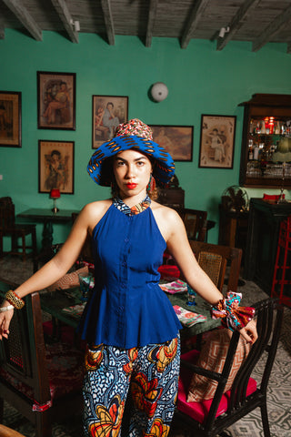 Nafula Cheongsam Top - Blue and contrasting collar Odo Ayo Print