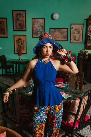 Nafula Cheongsam Top - Blue and contrasting collar Odo Ayo Print