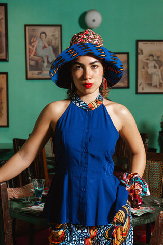 Nafula Cheongsam Top - Blue and contrasting collar Odo Ayo Print