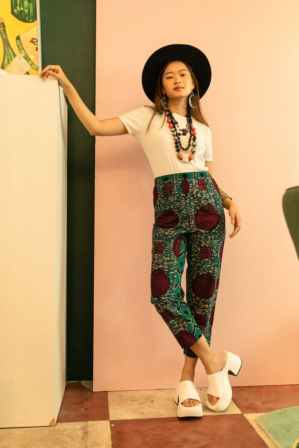 Nana Pants - Grey Pink Big Bibble African Ankara Wax Cotton Print