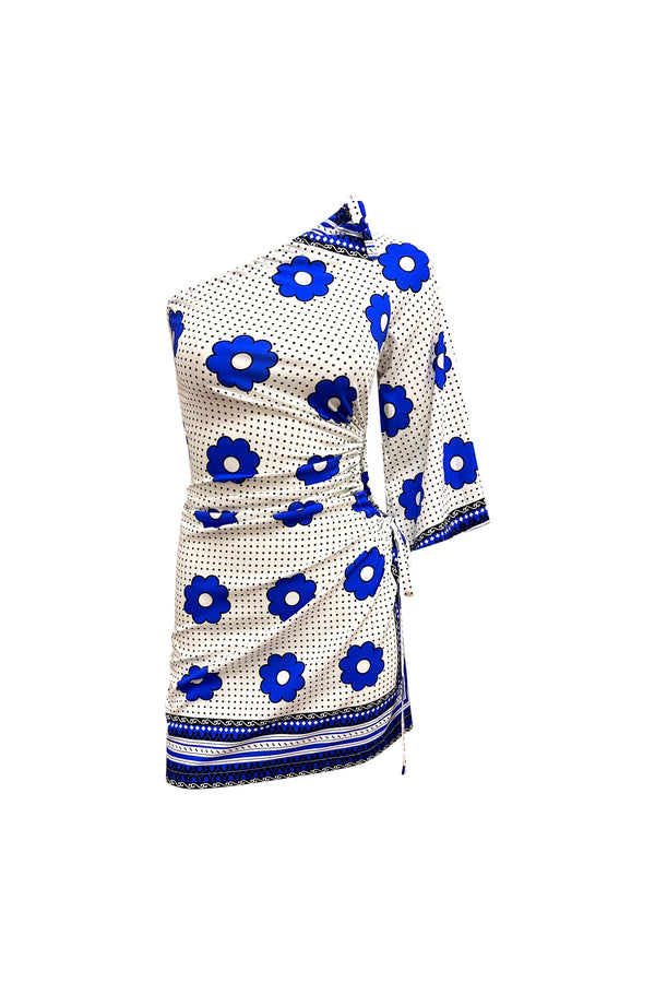 Ngozi Asymmetric Mini Dress - Blue and white Khanga Print