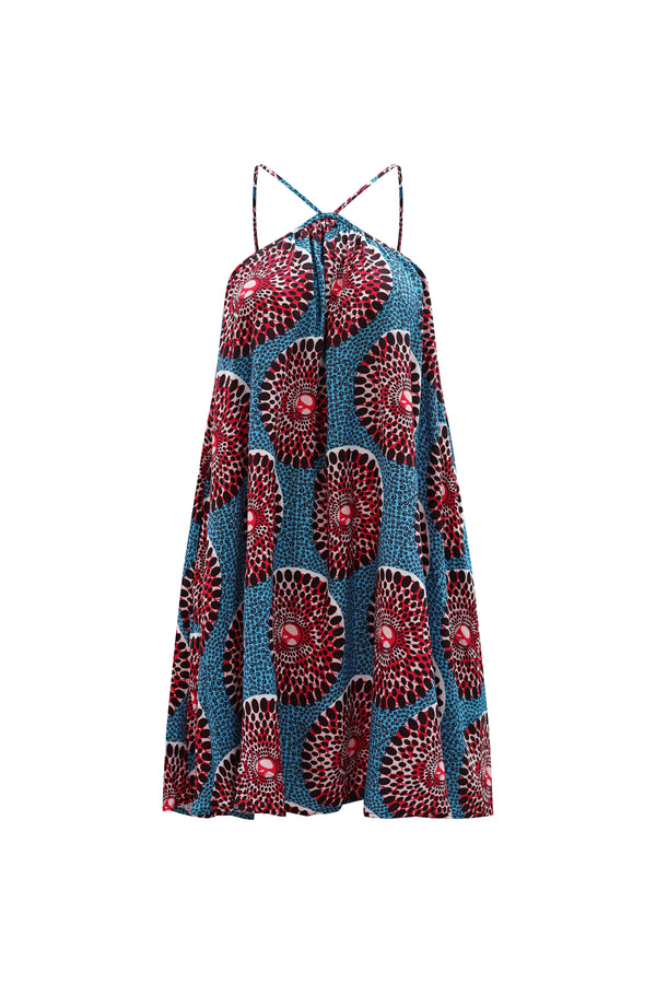 Nkem Mini Halter Dress - Red and Blue Water Well Print