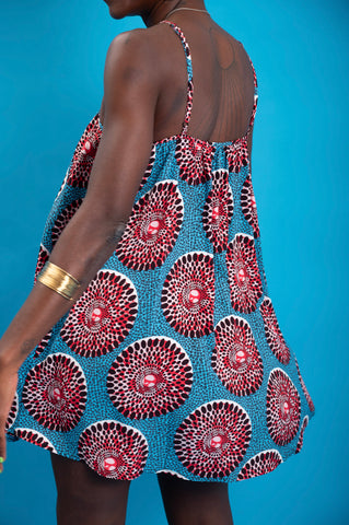 Nkem Mini Halter Dress - Red and Blue Water Well Print