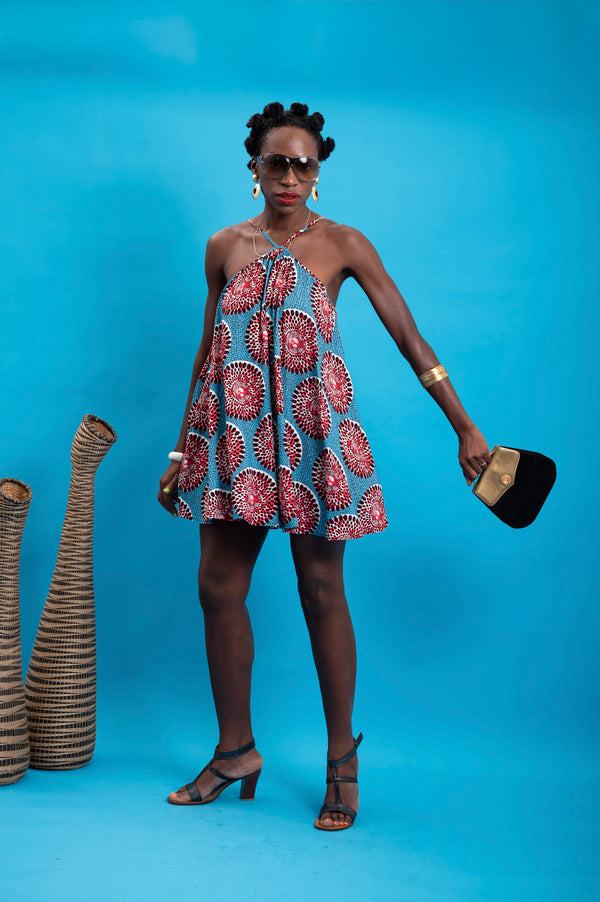 Nkem Mini Halter Dress - Red and Blue Water Well Print