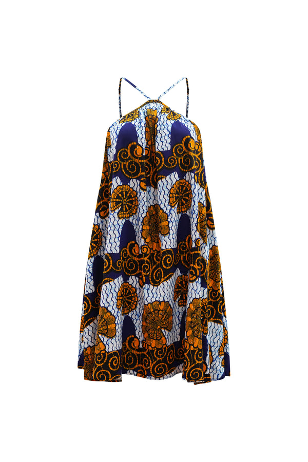 Nkem Mini Halter Dress - White and Blue House of Snails Print