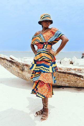 Nneka Off-shoulder Ruffle Tiered Maxi Dress - Orange Blue and Yellow Joyous Affairs African Ankara Wax Cotton Print