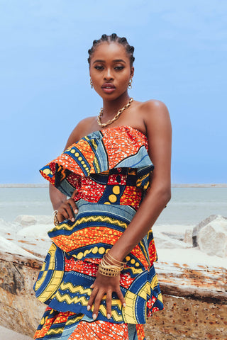 Nneka Off-shoulder Ruffle Tiered Maxi Dress - Orange Blue and Yellow Joyous Affairs African Ankara Wax Cotton Print