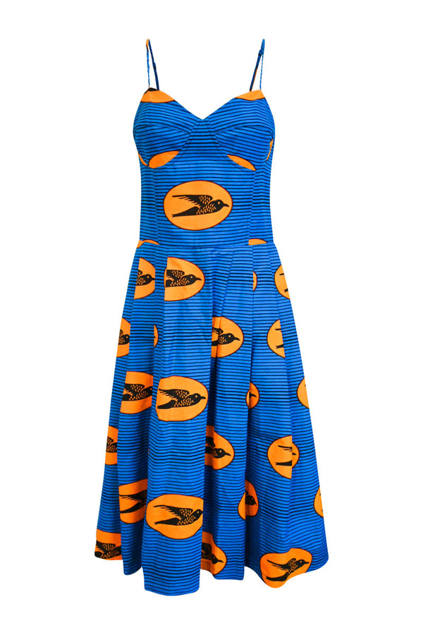 Ifunanya Spaghetti Dress - Orange/Blue Speed Bird Print