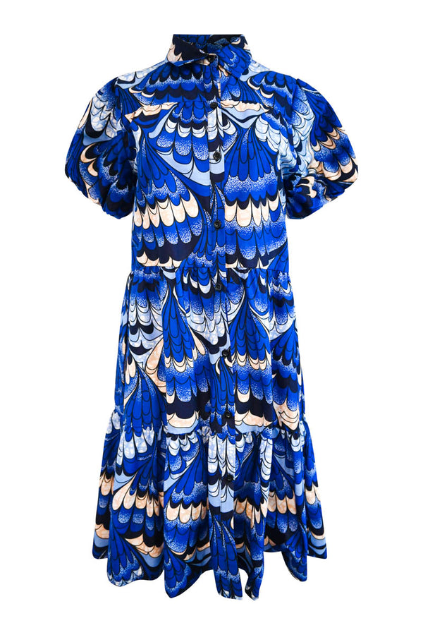 Adaeze Puff Sleeves Midi Dress - Blue Feathers