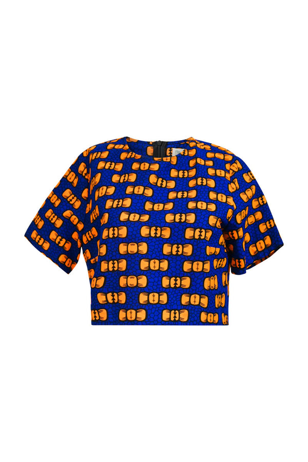 Firdawasi Crop Top - Blue/Orange Bow Tie Print