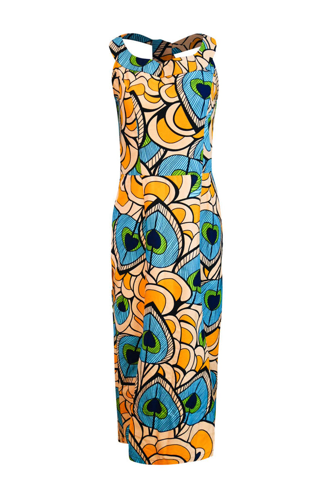 Pemba Midi Dress - Coral/Blue Peacock Print