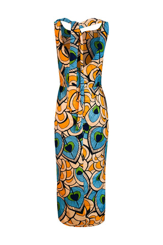 Pemba Midi Dress - Coral/Blue Peacock Print