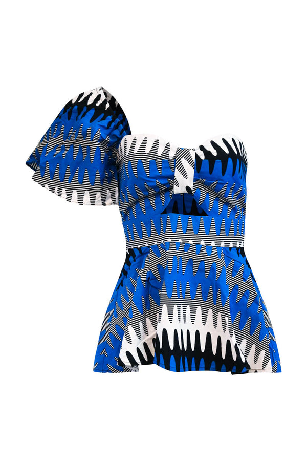 Mayeso One Shoulder Top - Blue/White Sound Waves Print
