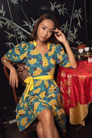 Gozie Dress - Yellow Cyan Sunkissed Maized Print