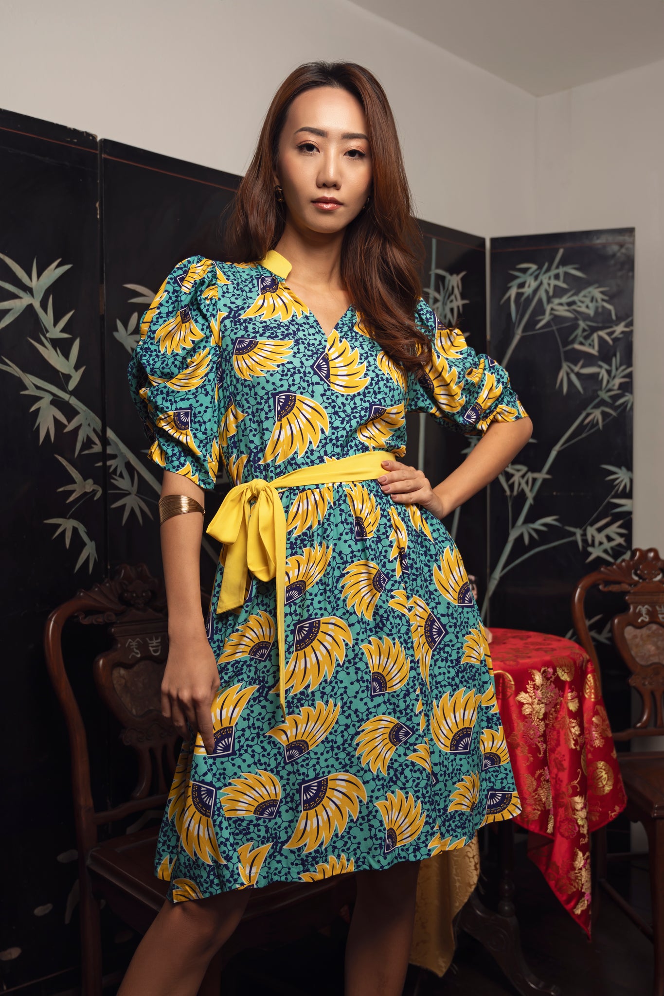 Gozie Dress - Yellow Cyan Sunkissed Maized Print