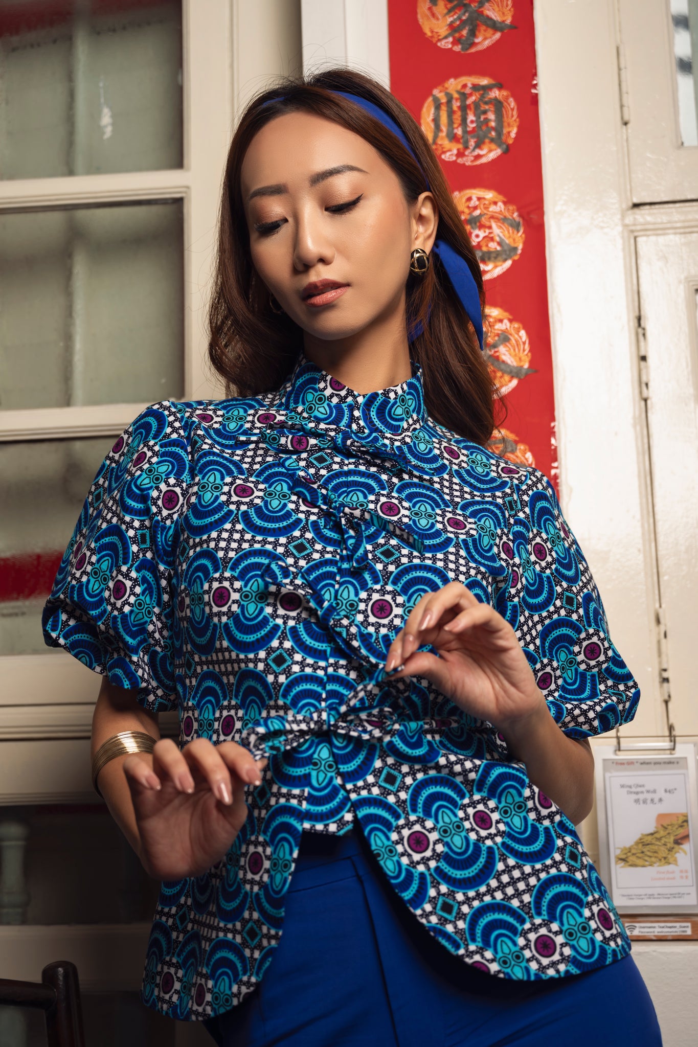 Stephanie Cheongsam Top - Blue Ankara Wax Cotton Print