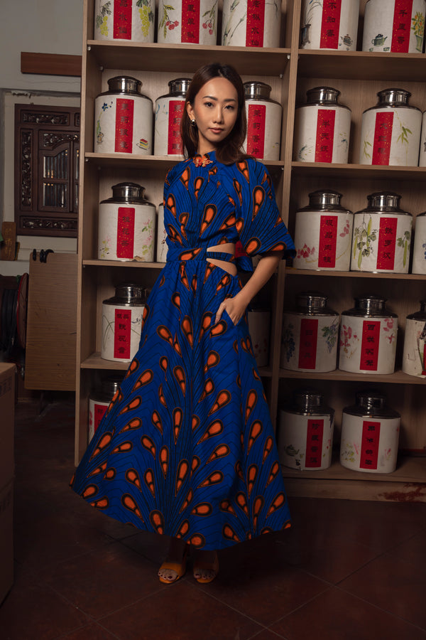 Rosemary Maxi Dress - Orange Blue Peacock African Ankara Wax Cotton Print