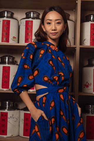 Rosemary Maxi Dress - Orange Blue Peacock African Ankara Wax Cotton Print