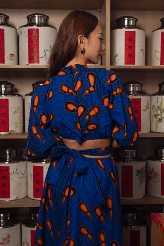 Rosemary Maxi Dress - Orange Blue Peacock African Ankara Wax Cotton Print