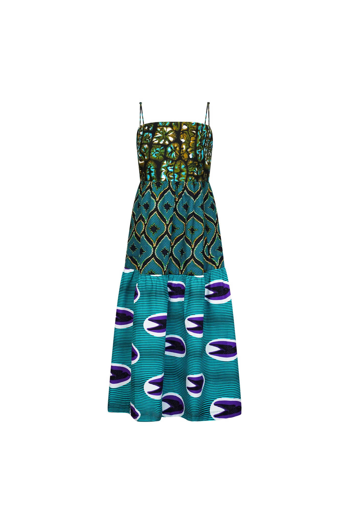 Okiki Spaghetti Strap Dress - Turquoise Green African Ankara Wax Cotton Print