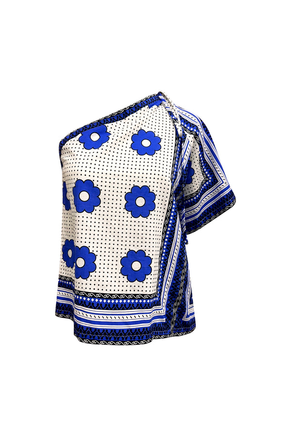 Olanna Asymmetric Top - Blue and white Khanga Print