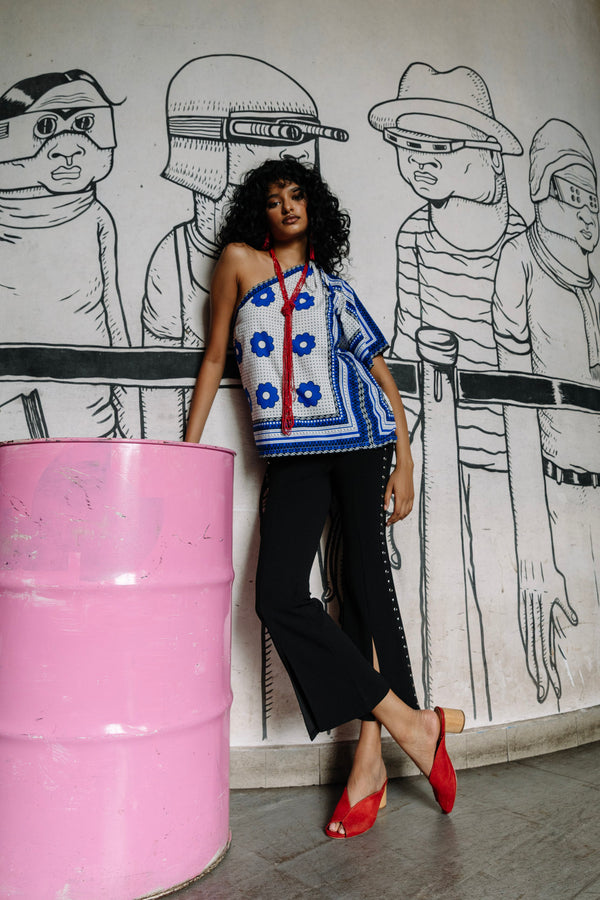 Olanna Asymmetric Top - Blue and white Khanga Print