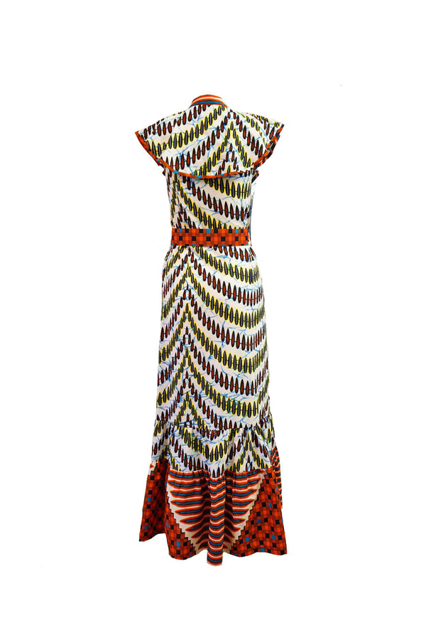 Saahana Dress - Blue White and Orange African Ankara Wax Cotton Print