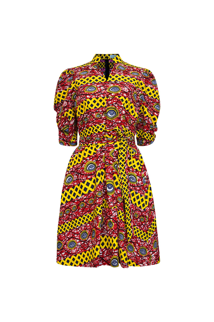 Gozie Cheongsam Dress - Red and Yellow African Ankara Wax Cotton Print