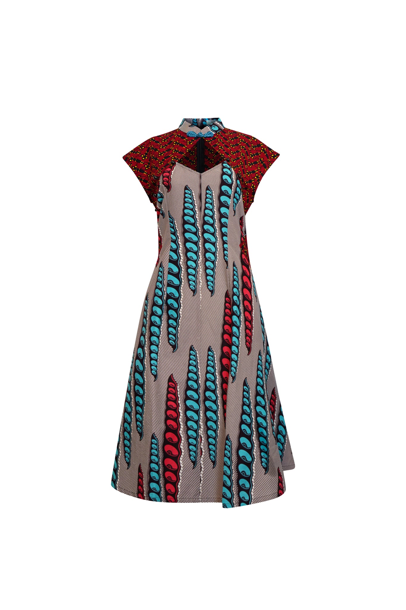 Monifa Dress - Red Blue and Grey African Ankara Wax Cotton Print