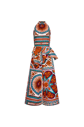 Yetunde Cheongsam Jumpsuit - Orange Cyan and White African Ankara Wax Cotton Print