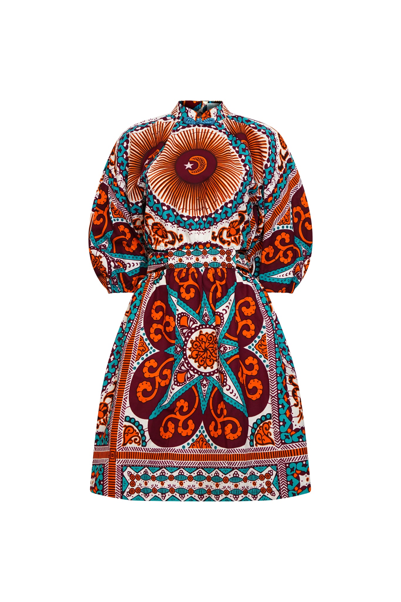 Rosemary Dress - Orange Cyan and White African Ankara Wax Cotton Print