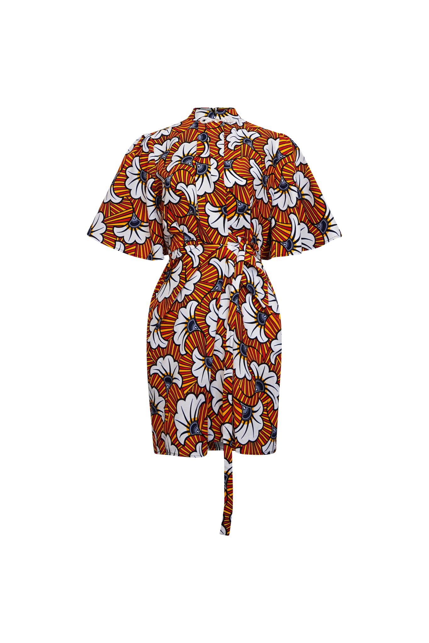 Adaku Cheongsam Dress - White and Orange Rolls Royce African Ankara Wax Cotton Print