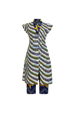 Taiwo Cheongsam Twin Set - Blue White and Yellow African Ankara Wax Cotton Print