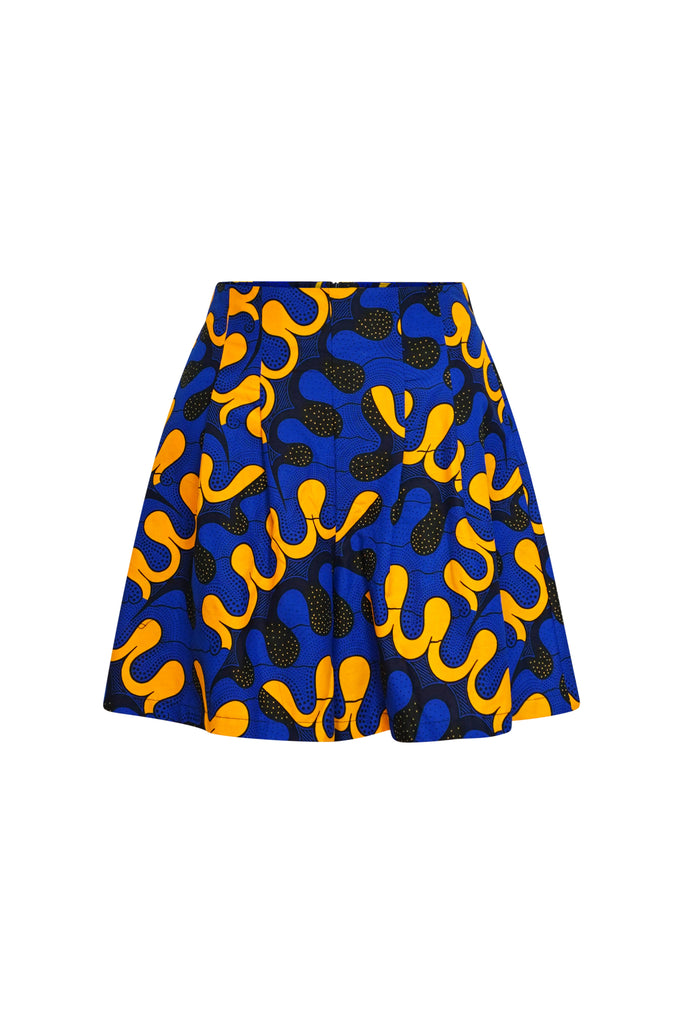 Alika Shorts - Blue and Yellow Awoulaba African Ankara Wax Cotton Print