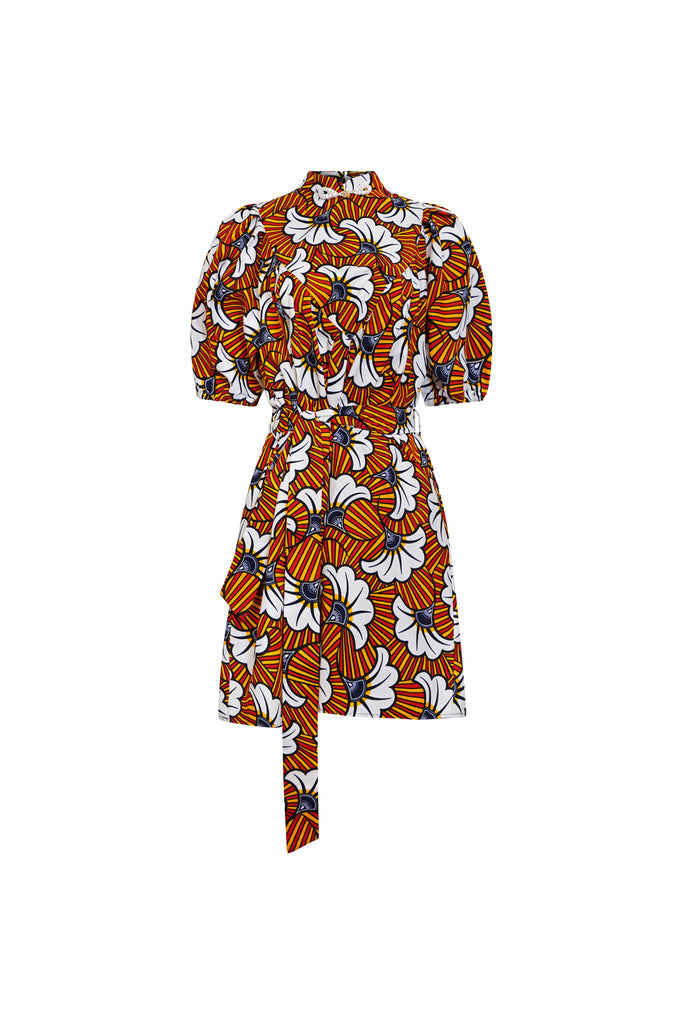 Zalo Cheongsam Dress - White and Orange Rolls Royce African Ankara Wax Cotton Print