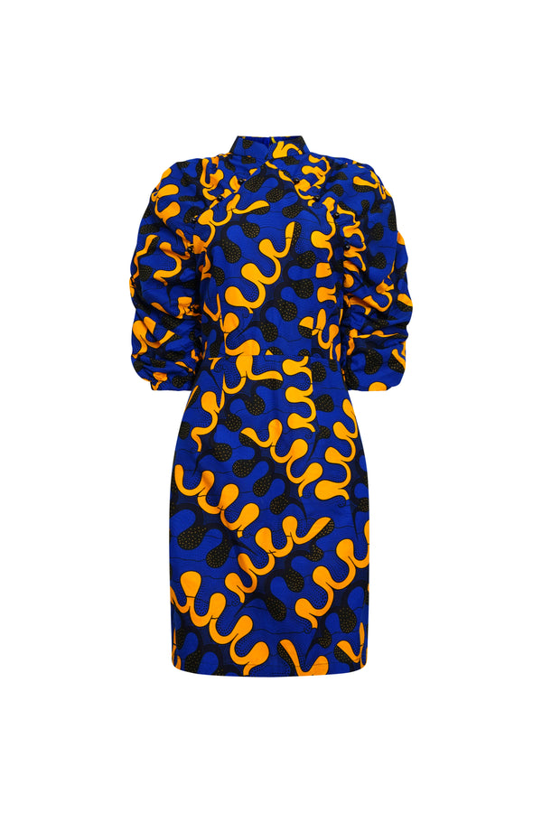 Chiamaka Cheongsam Dress - Blue and Yellow Awoulaba African Ankara Wax Cotton Print