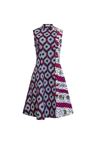 Zorica Cheongsam Dress - Grey White and Pink African Ankara Wax Cotton Print