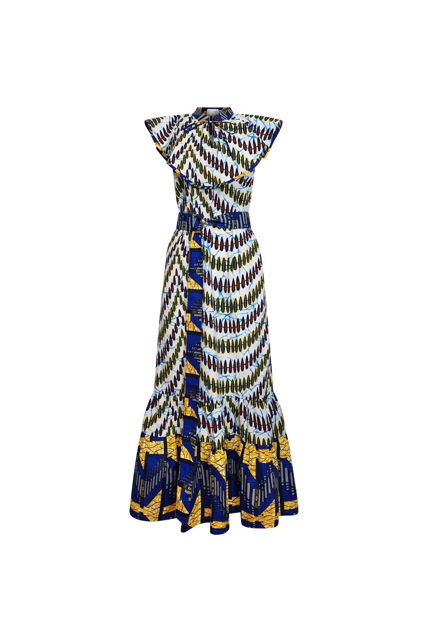 Saahana Dress - Blue White and Yellow African Ankara Wax Cotton Print