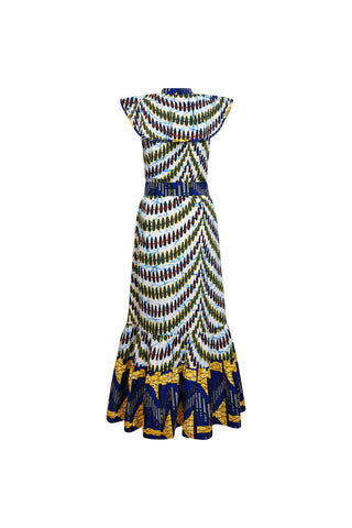 Saahana Cheongsam Dress - Blue White and Yellow African Ankara Wax Cotton Print