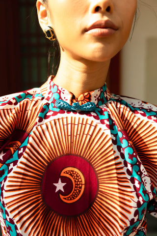 Rosemary Cheongsam Dress - Orange Cyan and White African Ankara Wax Cotton Print