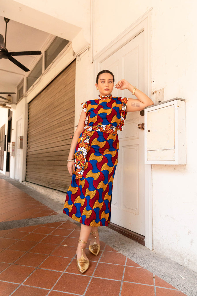Alexis Cheongsam Dress - Blue Red Yellow African Ankara Wax Cotton Print