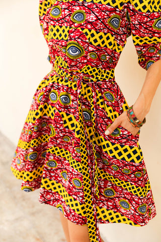 Gozie Dress - Red and Yellow African Ankara Wax Cotton Print