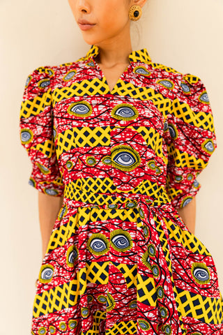 Gozie Dress - Red and Yellow African Ankara Wax Cotton Print