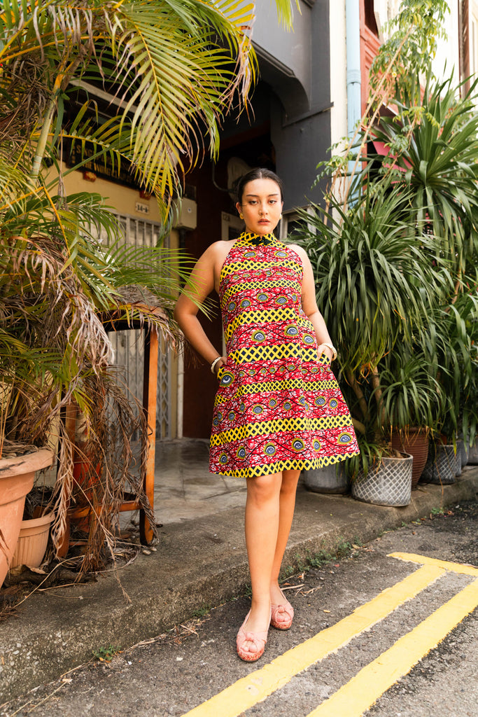 Yejide Cheongsam Dress - Red and Yellow African Ankara Wax Cotton Print