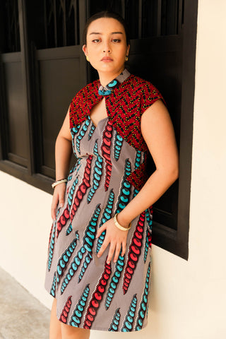 Monifa Dress - Red Blue and Grey African Ankara Wax Cotton Print