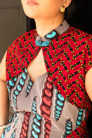 Monifa Cheongsam Dress - Red Blue and Grey African Ankara Wax Cotton Print