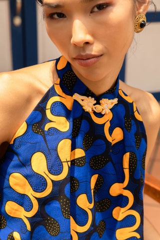 Alika Halter Neck Top - Blue and Yellow Awoulaba African Ankara Wax Cotton Print